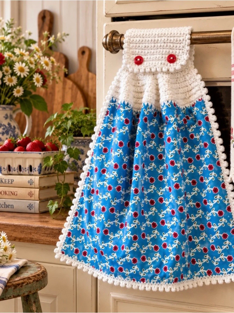Pioneer Woman Turquoise Red Floral Crochet Hanging Kitchen Towel